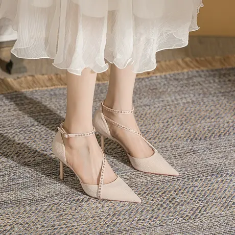 高跟鞋女细跟2023年夏季新款一字扣带性感仙女风水钻尖头宴会单鞋商品大图