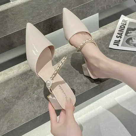 包头半拖鞋女夏外穿2023年新款中跟尖头仙女风珍珠粗跟穆勒凉拖鞋图片