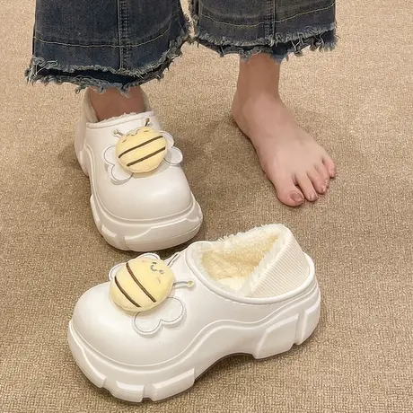防水棉拖鞋女冬季可爱蜜蜂厚底增高加绒防滑保暖居家外穿包跟棉鞋商品大图