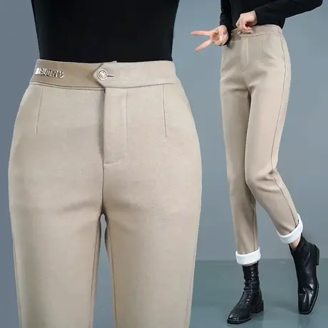 毛呢裤子女加绒高腰西装裤2023秋冬新款直筒时尚百搭哈伦裤卡其色商品大图