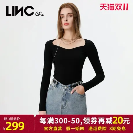 LINC金羽杰2023秋季新款简约质感紧致修身针织衫女长袖短款毛衣商品大图