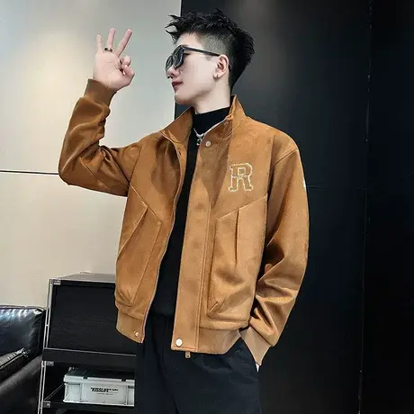 潮牌复古鹿皮绒立领夹克男秋季潮流字母刺绣外套机车轻熟风上衣商品大图