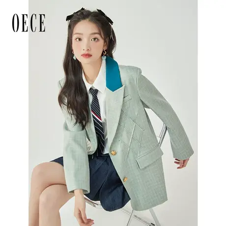 Oece复古小西装外套2023春季新款女装撞色高级感气质休闲炸街西服图片