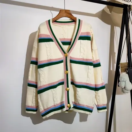 条纹撞色v领针织开衫女秋冬新款韩版中长款宽松大码休闲毛衣外套商品大图