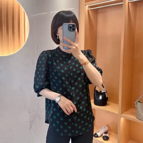 欧洲站时尚波点五分袖雪纺衬衫女2023夏季新款单排扣圆领宽松上衣图片