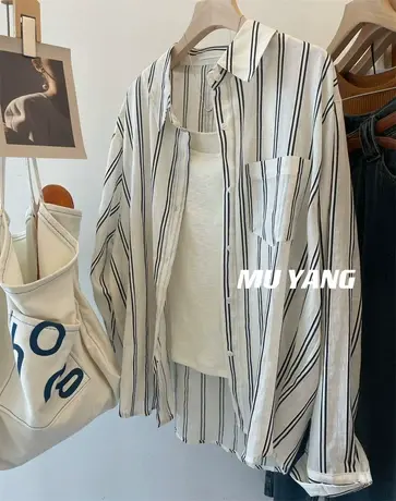 随性自由穿 ！竖条纹后背纽扣棉麻衬衫女设计感宽松男友风上衣服图片