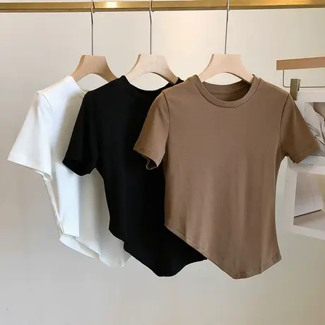 夏季设计感小众不规则下摆正肩短袖t恤女ins潮别致修身纯欲上衣服图片