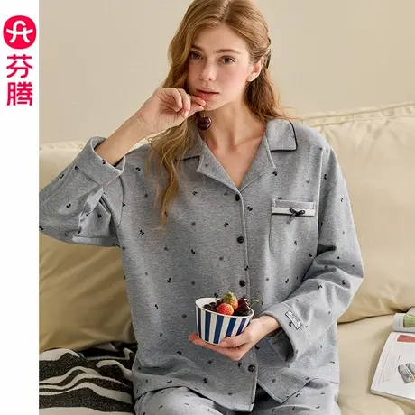 芬腾女睡衣春秋季长袖长裤纯棉套装加大码休闲女款全棉开衫家居服商品大图