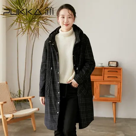 蒲PUKKA 女装长款棉衣2022冬装新款设计感时尚格纹棉服商场同款图片