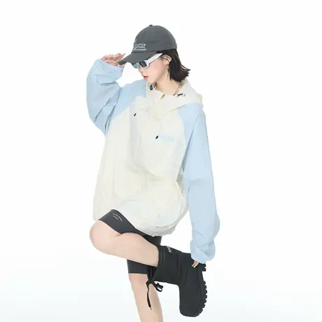 2025夏款upf50+潮流撞色连帽防晒衣男女同款透气户外宽松印花外套图片