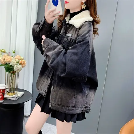加绒加厚渐变牛仔外套女冬季2022年新款宽松慵懒风百搭派克服上衣图片