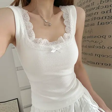 白色蕾丝蝴蝶结拼接背心吊带女夏季韩版修身短款纯欲无袖T恤上衣图片