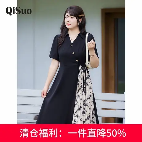 夏季新款气质显瘦大码胖MM百褶连衣裙拼接假两件收腰遮肉A字裙图片