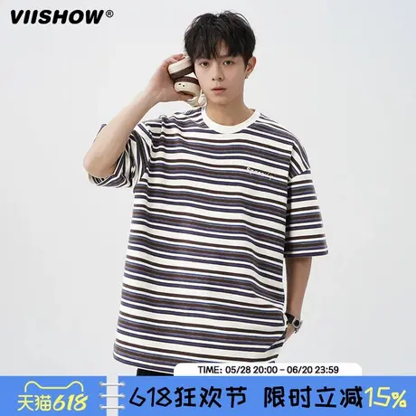 VIISHOW条纹t恤男2025夏季美式潮牌圆领半袖宽松休闲港风情侣短袖商品大图