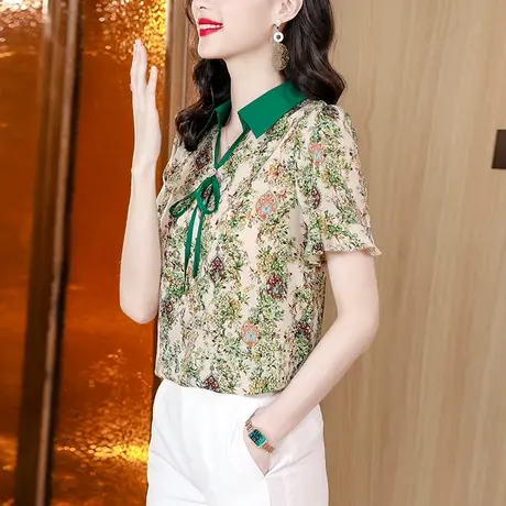 碎花雪纺衫女短袖2023夏季新款系带V领宽松别致小众时尚花衬上衣商品大图