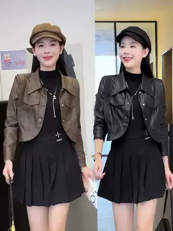 2023秋季新款小个子短款皮衣外套女士设计感上衣高级感机车皮夹克商品大图