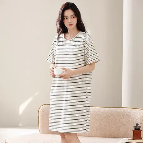 浪莎睡裙女夏季纯棉短袖带胸垫时尚条纹大码薄款可外穿夏天家居服商品大图