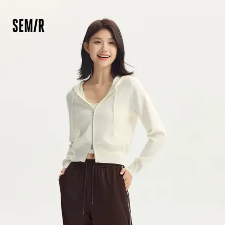 [商场同款]森马针织开衫女2024秋季新款短款白色休闲连帽上衣气质图片