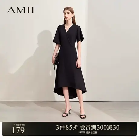 Amii2025夏新款V领不对称荷叶袖喇叭袖收腰连衣裙女A摆小黑裙图片