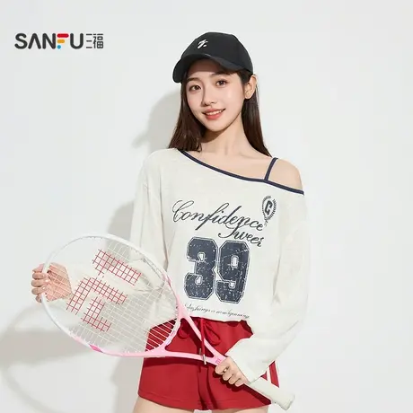 三福女秋季美式肩带斜肩罩衫 学院风印花宽松长袖上衣504866商品大图