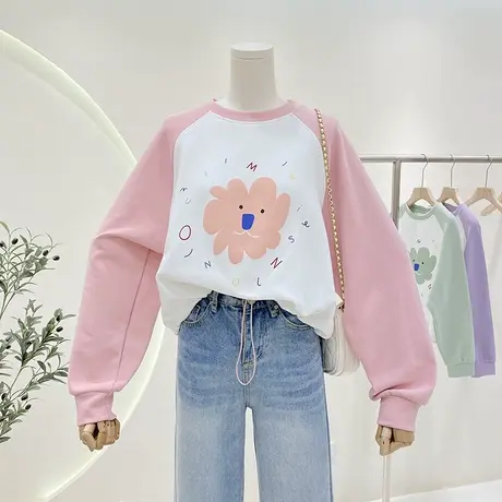 插肩袖拼色圆领卫衣女春季2023年新款复古宽松显瘦设计感小众上衣商品大图