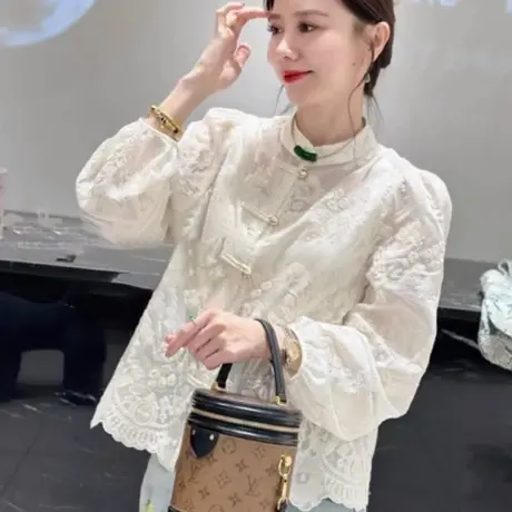 复古盘扣新中式绣花衬衫女春秋国风新款衬衣高级独特超好看上衣潮商品大图