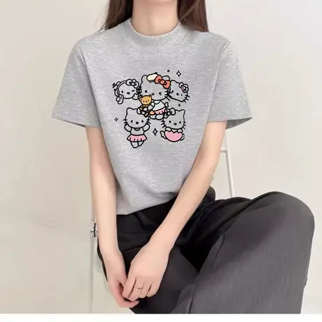 高级感灰色半高领早秋正肩t恤女2025纯棉半袖打底衫基础款上衣ins图片