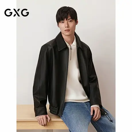 25年秋季新品GXG男装简约设计真皮牛皮革夹克翻领夹克外套皮衣男商品大图