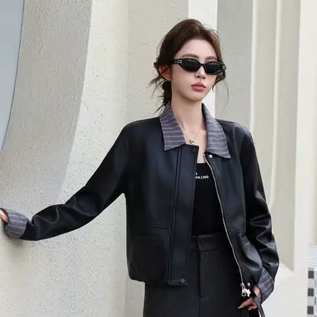 拉夏贝尔条纹翻领pu皮衣外套女2025秋新款机车服短款夹克上衣女图片