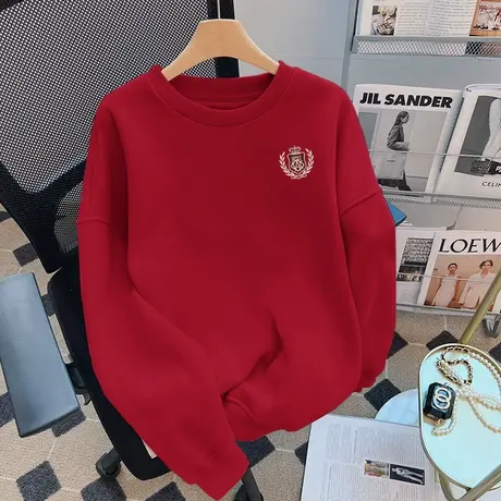 回力红色无帽圆领卫衣女款春秋季薄款2025新款小众设计感宽松上衣图片