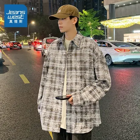 WX真维斯男装2025春季新款经典复古休闲时尚潮男款格子长袖衬衫图片