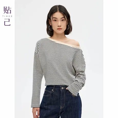TINGE贴己斜肩收腰黑白条纹长袖T恤女25年秋季一字领呼吸感上衣商品大图