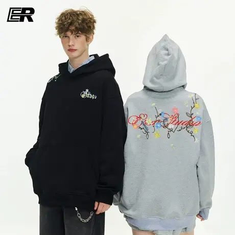ER重工花卉刺绣连帽卫衣春秋季美式潮牌oversize休闲外套情侣装商品大图