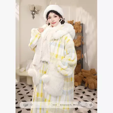 Bananagirl睡衣女冬季新款加厚保暖连帽大码宽松格子可外穿家居服商品大图