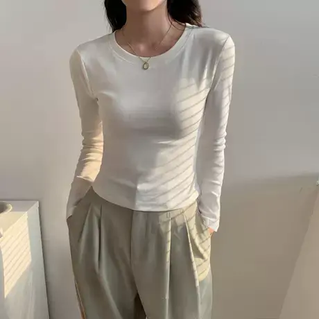 KV真维斯白色内搭打底衫女2025新款秋冬薄绒保暖正肩修身长袖t恤商品大图
