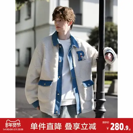 唐狮2026冬季外套男士仿羊羔毛加厚拼接牛仔独特卡通可爱刺绣休闲商品大图