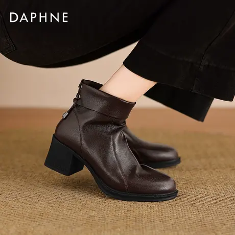 达芙妮高跟短靴女2026新款冬季加绒粗跟瘦瘦靴复古棕色女士马丁靴图片