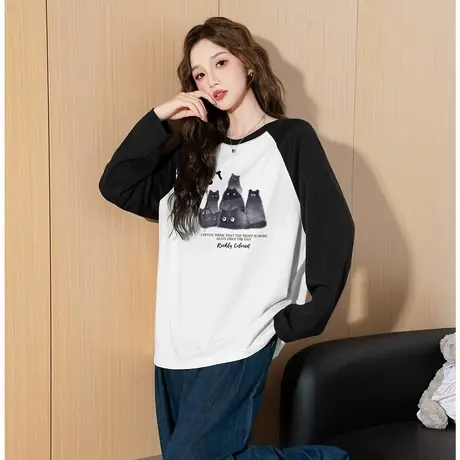 唐狮春秋季女长袖T恤插肩袖撞色拼接猫咪可爱风甜美时尚气质TE图片