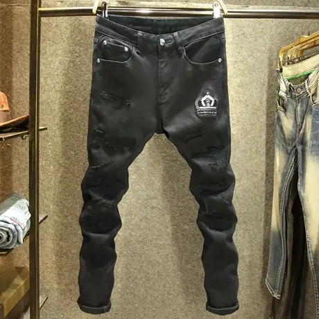 高端皇冠刺绣男士牛仔裤秋冬款修身小脚潮流破洞补丁黑色显瘦裤子商品大图