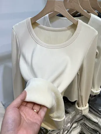 圆领加绒加厚打底衫女秋冬2023新款一体绒保暖内搭磨毛长袖t恤女商品大图