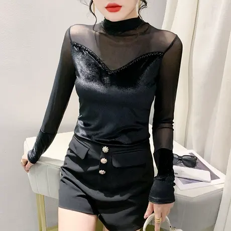 复古金丝绒网纱拼接T恤女长袖欧货烫钻高领上衣洋气修身减龄小衫图片