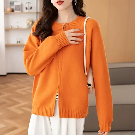 2023秋冬新款韩版宽松圆领长袖针织衫毛衣开衫外套女拉链百搭上衣商品大图