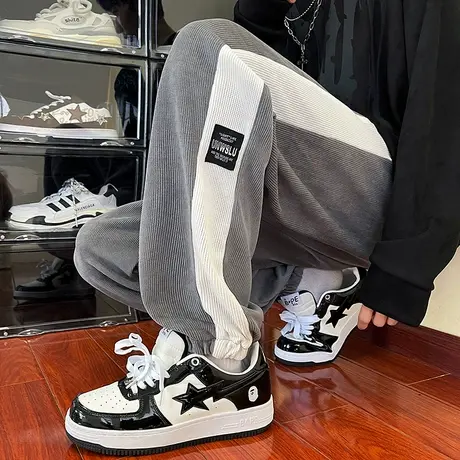 秋冬卫裤男潮牌加绒宽松束脚运动裤韩版潮雪尼尔灰色男士休闲裤子商品大图