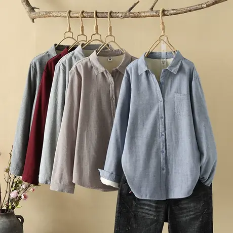 文艺复古软糯亲肤小格子衬衣打底千鸟格双层棉纱长袖衬衫女商品大图