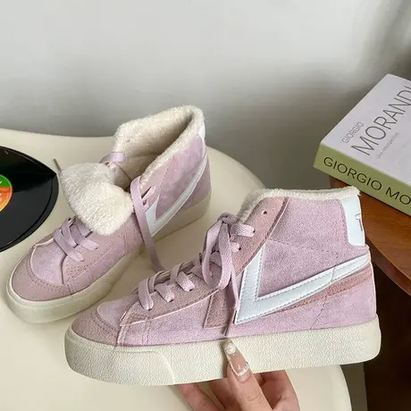 Betoo 粉色高帮棉鞋女冬季保暖加绒女鞋百搭小众板鞋二棉帆布鞋子商品大图