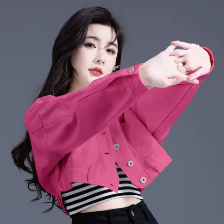 玫红色牛仔外套女春秋款休闲宽松百搭气质夹克上衣短款小个子开衫商品大图