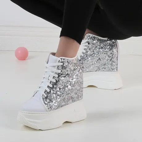 内增高老爹鞋女14公分系带坡跟运动鞋圆头厚底亮片休闲高帮松糕鞋商品大图