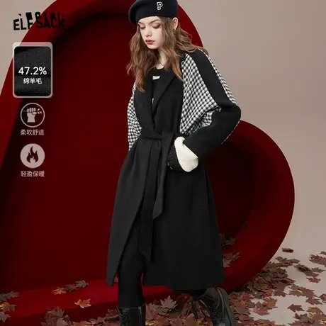 妖精的口袋千鸟格拼接黑色大衣外套女2022秋冬季新款设计感中长款图片