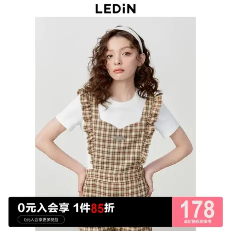 乐町甜美木耳边背带裤女2023年春夏新款休闲裤女宽松设计感格纹裤商品大图