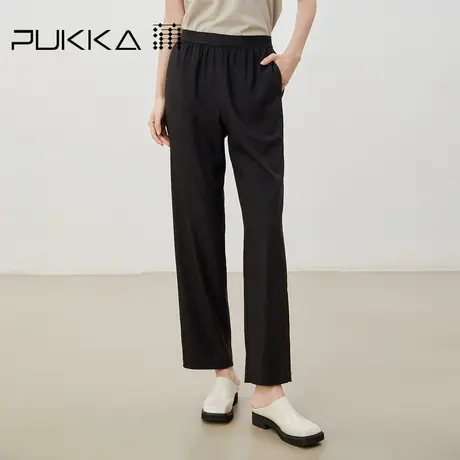 蒲PUKKA   弹力腰黑色直筒裤高端运动感女休闲裤修身宽松长裤子图片